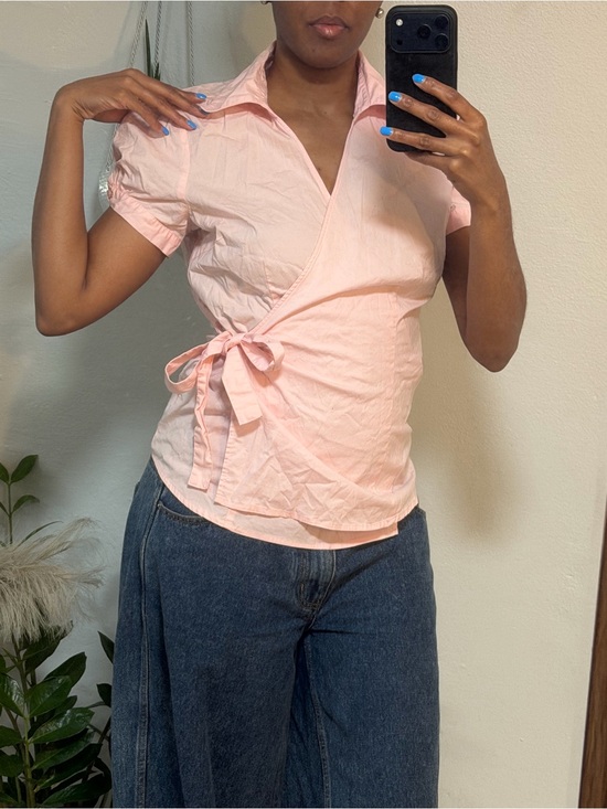 Tops - Women's Light Pink Wrap-Style Short Sleeve Top